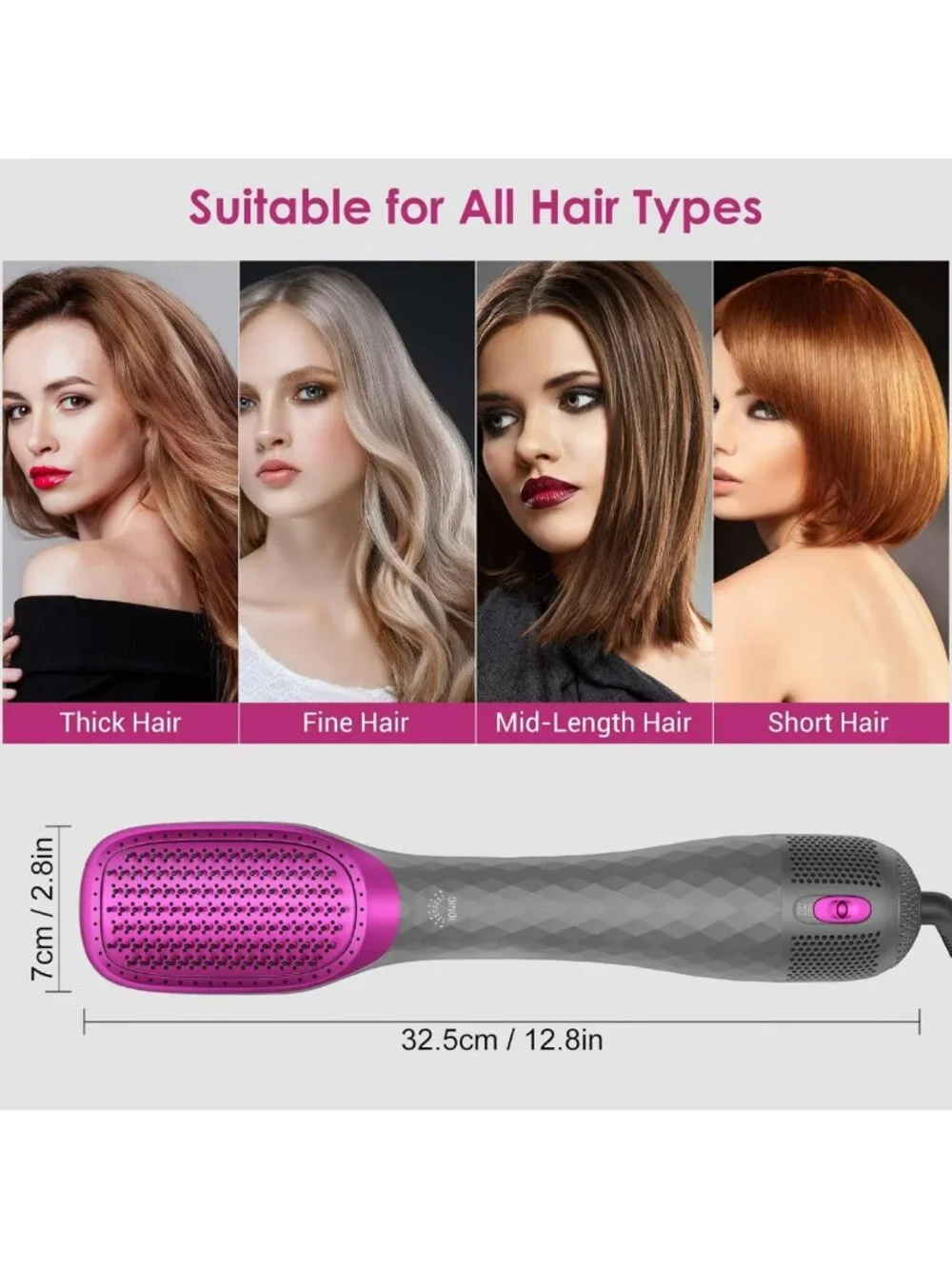 3-in-1 Hair Dryer Brush & Straightener - 1200W Ceramic Tourmaline, 2 Heat